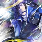  armor brown_hair date_masamune date_masamune_(sengoku_basara) eyepatch helmet male mikami samurai sengoku_basara smile solo yellow_eyes 