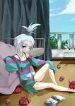  artist_request bed bedroom blue_eyes collarbone flat_chest gorilla_(bun0615) gym_leader hair_bobbles hair_ornament highres homika_(pokemon) insect oversized_clothes oversized_shirt plant poke_ball pokemon pokemon_(game) pokemon_bw2 shirt solo striped striped_shirt topknot venipede white_hair 