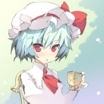  :o ascot bad_id blue_hair blush bust chair cup face hage hat looking_at_viewer open_mouth pinky_out red_eyes remilia_scarlet short_hair sitting solo teacup touhou tsurime yanagi_yuu 