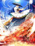 bird blue_hair cloud colorful feathers fire food fruit hat highres hinanawi_tenshi long_hair open_mouth peach red_eyes siirakannu smile solo sun sword_of_hisou title_drop touhou weapon 