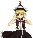 adjusting_glasses bespectacled blonde_hair boots breasts crescent glasses hat looking_at_viewer lunasa_prismriver renku shirt short_hair short_sleeves simple_background skirt skirt_set solo touhou yellow_eyes 