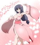 1girl armpits bare_shoulders black_hair breasts bursting_breasts cleavage dancing detached_sleeves female flower hair_ornament highres japanese_clothes japenese_clothes kaz_(shade) large_breasts legs long_hair skirt solo standing yellow_eyes 