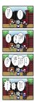  4koma ascot bat_wings black_wings book bow braid brick_wall chibi comic dora_e gate grey_hair hair_bow hat head_wings highres hong_meiling izayoi_sakuya koakuma long_hair maid maid_headdress multiple_girls necktie red_hair redhead star sweatdrop touhou translated translation_request twin_braids wall wings 