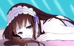  black_hair chitanda_eru hakujou_(ododod9) headdress high_contrast hyouka long_hair madoromi_no_yakusoku on_stomach purple_eyes simple_background solo violet_eyes 