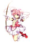  bad_id bow_(weapon) dress enje_(pixiv3289887) gloves highres holding kaname_madoka magical_girl mahou_shoujo_madoka_magica pink_hair red_eyes ribbon_choker simple_background solo twintails weapon white_background white_gloves wink 