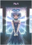 adapted_costume alternate_costume angry bad_id bare_shoulders blue_eyes blue_hair bracelet broken_window cirno clothes_grab crying dress highres ice ice_wings jewelry kurobuta_gekkan looking_at_viewer short_hair solo strap_slip tears touhou v_arms window wings 