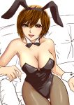  bowtie breasts brown_eyes brown_hair bunny_ears bunnysuit cleavage couch detached_collar hamura_mayu meiko pantyhose rabbit_ears short_hair vocaloid wrist_cuffs 