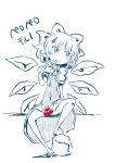 :p bow candy censored cirno hair_bow lollipop monochrome no_panties novelty_censor short_hair sitting smile solo sonson_(eleven) spot_color tongue touhou 