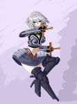  absurdres alternate_costume armor armored_dress bikini_armor boots braid dual_wielding feitie high_heels highres izayoi_sakuya maid_headdress midriff navel shoes short_hair silver_hair solo sword thigh-highs thigh_boots thighhighs touhou twin_braids weapon 