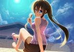  arm_support bare_legs barefoot blue_eyes blue_sky blush breasts brick_wall brown_hair building cloud clouds cloudy_sky feet food holding house ice_cream lens_flare long_hair looking_back no_shoes original ponytail raivu sandals shoe_dangle single_shoe sitting skirt sky solo 