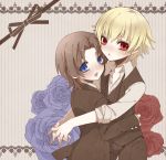  androgynous blonde_hair blue_eyes blue_rose brown_hair child child_gilgamesh fate/zero fate_(series) flower gilgamesh male multiple_boys red_eyes red_rose rose tohsaka_tokiomi toosaka_tokiomi vest xxmlkxx young 