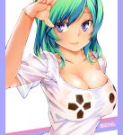  amasora_taichi blue_eyes breasts bust cleavage green_hair highres large_breasts lips original pillarboxed ps3_controller see-through see-through_silhouette shiny shiny_skin shirt skindentation smile solo 