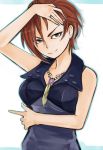  bare_shoulders brown_hair green_eyes idolmaster idolmaster_cinderella_girls jewelry kiba_manami necklace nerotarou@seven pointing short_hair smile solo 