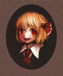  ascot blonde_hair face fang frame hair_ribbon highres open_mouth portrait red_eyes ribbon rumia shirt short_hair smile solo spark621 touhou youkai 