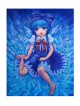  blue_eyes blue_hair bow cirno dress hair_bow ice koneneko oil_painting_(medium) short_hair solo touhou 