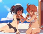  2girls beach bikini black_hair ice_cream loli multicolored_hair original shorts swimsuit ydkw 