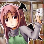  apron barcode blush book bookshelf bookstore head_wings holding jewelry koakuma kotatsu2360 light_smile long_hair long_sleeves necklace pointy_ears red_eyes red_hair shop smile solo touhou turtleneck wings 