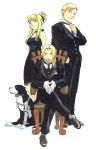  arakawa_hiromu blonde_hair blue_eyes chair crossed_legs den_(fullmetal_alchemist) dog dress edward_elric formal fullmetal_alchemist gloves highres official_art piny_tail ponytail sitting suit winry_rockbell yellow_eyes 