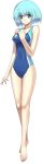  alternate_costume barefoot blue_eyes blue_hair breasts competition_swimsuit cross_edge feet gust impossible_clothes impossible_swimsuit legs mana_khemia mana_khemia_2 nakamura_tatsunori official_art one-piece_swimsuit open_mouth short_hair simple_background skin_tight solo standing swimsuit wuim 