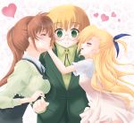  blush breast_press breasts brown_hair closed_eyes frapowa glasses good_end green_eyes heart hug long_hair mahou_shoujo_lyrical_nanoha mahou_shoujo_lyrical_nanoha_strikers side_ponytail takamachi_nanoha vivio yuuno_scrya 