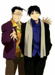  black_hair fullmetal_alchemist glasses highres maes_hughes male multiple_boys roy_mustang scarf 