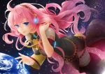 1girl armband bangs blue_eyes breasts closed_mouth earth feet_out_of_frame female floating_hair hair_between_eyes hand_in_hair headphones hima_(ab_gata) long_hair megurine_luka pink_hair side_slit skirt smile solo space thigh-highs thighhighs very_long_hair vocaloid