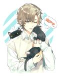  1boy ;) ;3 animal animal_on_shoulder aqua_eyes bangs black_cat cat cat_on_shoulder chibi circle collared_shirt dress_shirt fujimaru_(inumog) holding holding_animal jealous kanae_(nijisanji) long_sleeves male_focus nijisanji nuzzle one_eye_closed shirt short_hair smile speech_bubble sweater_vest upper_body virtual_youtuber white_background white_shirt 