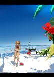  barefoot beach chen garnet garnet_(pixiv) hair_up highres letterboxed outstretched_arms road_sign running sign spread_arms swimsuit tankini touhou waving yakumo_yukari 
