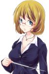  aoki_kou aoki_yuriko bakuman blonde_hair blue_eyes bob_cut breasts cleavage glasses highres jewelry large_breasts mole necklace parted_lips pointer short_hair simple_background solo white_background zanku 
