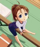  1girl balance_beam barefoot beidan bike_shorts black_bike_shorts blue_eyes brown_hair child flat_chest gymnastics leotard loli long_hair looking_up original ponytail riding solo 