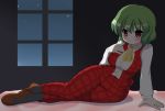  bad_id bed bedroom black_legwear blush breasts frown green_hair hand_on_own_chest impossible_clothes impossible_vest kazami_yuuka kyokutou_hentai_samurai mary_janes night plaid plaid_skirt plaid_vest reclining red_eyes shoes short_hair skirt skirt_set sky solo star_(sky) starry_sky touhou vest window worried 