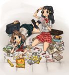  book bow briefcase food haruka_(pokemon) hikari_(pokemon) lying multiple_girls nintendo pinkish plaid pleated_skirt pokemon school_uniform serafuku skirt socks tartan 