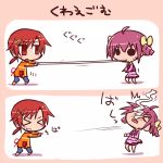  &gt;_&lt; 2girls ahoge blush_stickers bow casual chibi drill_hair hair_bow hair_ornament hairclip hino_akane hoshizora_miyuki ikkyuu multiple_girls pants pink_hair precure red_eyes redhead skirt smile_precure! twin_drills 