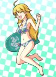  armpits bad_id barefoot bikini blonde_hair breasts checkered checkered_background cleavage earrings feet front-tie_top fujimiya_yuu green_eyes hoshii_miki idolmaster jewelry kickboard long_hair necklace open_mouth smile solo swimsuit wink 