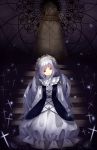  cross dhiea dress flower hairband highres iron_maiden iron_maiden_jeanne long_hair petals red_eyes shaman_king silver_hair solo stairs universe 