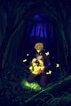  blonde_hair butterfly chest closed_eyes dark forest giorno_giovanna glowing grass highres jojo_no_kimyou_na_bouken kneeling maca male nature plant solo sparkle tree vines 