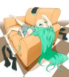  aqua_eyes aqua_hair bad_id barefoot bottomless couch hair_down hands hatsune_miku jaco legs long_hair lying on_back skirt solo thigh-highs thighhighs vocaloid 