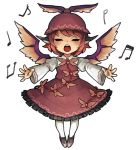  bad_id bow closed_eyes hat mitsuki32k musical_note mystia_lorelei open_mouth outstretched_arms outstretched_hand pantyhose pink_hair short_hair simple_background singing standing touhou white_legwear winged_hat wings 