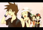  2boys 2girls bike_shorts black_hair brown_hair closed_eyes creatures_(company) game_freak haruka_(pokemon) haruka_(pokemon)_(remake) hat hikari_(pokemon) love nintendo ookido_shigeru pokemon pokemon_(anime) pokemon_(game) pokemon_dppt pokemon_rse satoshi_(pokemon) smile 