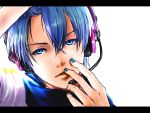  and_(abimaru) and_(piapro) blue_eyes blue_hair face hands headphones headset highres kaito lips male migikata_no_chou_(vocaloid) portrait scarf solo vocaloid 