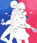  blue blue_eyes bow card card_with_aura female_protagonist_(persona_3) floating_card ginsyari gun hand_holding headphones highres holding holding_card holding_hands persona persona_3 persona_3_portable red red_eyes school_uniform skirt smile socks weapon 