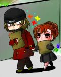  1girl aragaki_shinjirou beanie blush chibi couple female_protagonist_(persona_3) hair_ornament hairclip hat holding_hands lowres persona persona_3 persona_3_portable red_eyes school_uniform short_hair trench_coat trenchcoat 