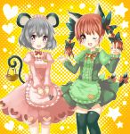  animal_ears bad_id basket bow braid cat_ears cat_tail cheese-kun dress fang grey_hair hair_bow kaenbyou_rin maid maid_headdress mouse_ears mouse_tail multiple_girls nazrin owarine_miku pizza_hut purple_eyes red_eyes red_hair redhead short_hair smile tail thigh-highs thighhighs touhou twin_braids v violet_eyes wink 