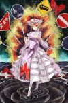  blonde_hair bow cat_eyes dress foreshortening hair_bow hat high_heels long_hair outstretched_arm outstretched_hand red_eyes ribbon ripples road_sign shoes sign slit_pupils smile socks solo touhou water wide_sleeves yakumo_yukari yasumo yasumo_(kuusouorbital) yin_yang 