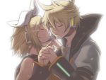  brother_and_sister chika_(piapro) closed_eyes hair_ornament hair_ribbon hairclip headphones headset incest incipient_kiss kagamine_len kagamine_rin open_mouth ribbon shitsuki_chika short_hair siblings simple_background twincest twins vocaloid 