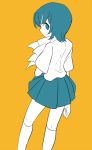  1girl blue_eyes blue_hair from_behind inazuma_eleven_(series) inazuma_eleven_go inazuma_eleven_go_galaxy karan_koron looking_back monochrome pleated_skirt short_hair simple_background skirt solo sorano_aoi spot_color yellow_background 