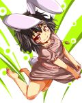  barefoot black_hair bunny_ears bunny_tail carrot feet inaba_tewi necklace rabbit_ears red_eyes rihhi short_hair tail touhou 