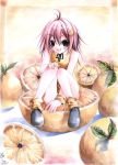  blush emperpep food fruit girl_in_food in_food minigirl open_mouth orange pink_eyes pink_hair solo traditional_media watercolor_(medium) 