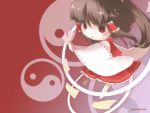  brown_hair chibi detached_sleeves dress fighting_stance hair_ornament hakurei_reimu japanese_clothes legs long_hair looking_up miko muimuimoo no_nose ofuda ponytail red red_eyes touhou wallpaper wide_sleeves yin_yang 