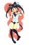  animal_ears black_hair blue_eyes bottomless legs no_pants original ribbon school_uniform serafuku shoes solo swimsuit swimsuit_under_clothes tail thigh-highs thighhighs twintails twunderu 